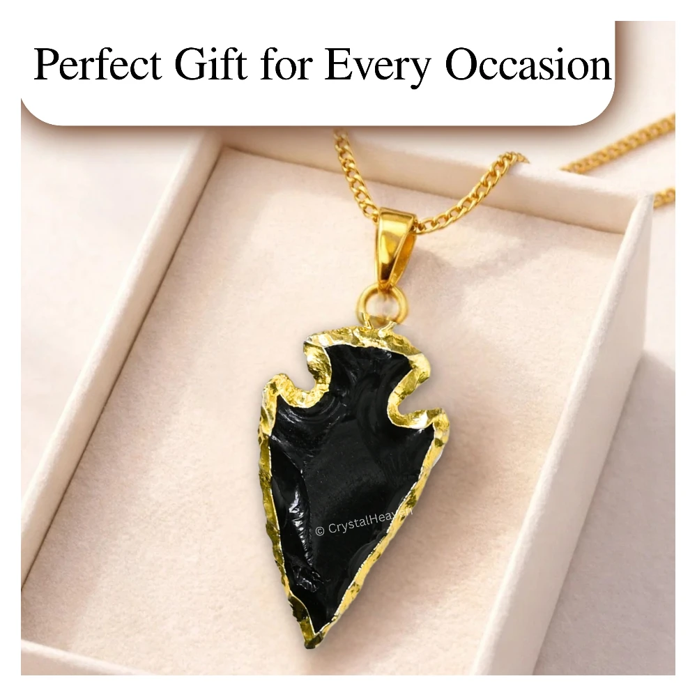Black Obsidian Arrow Head Pendant - Gold Plated