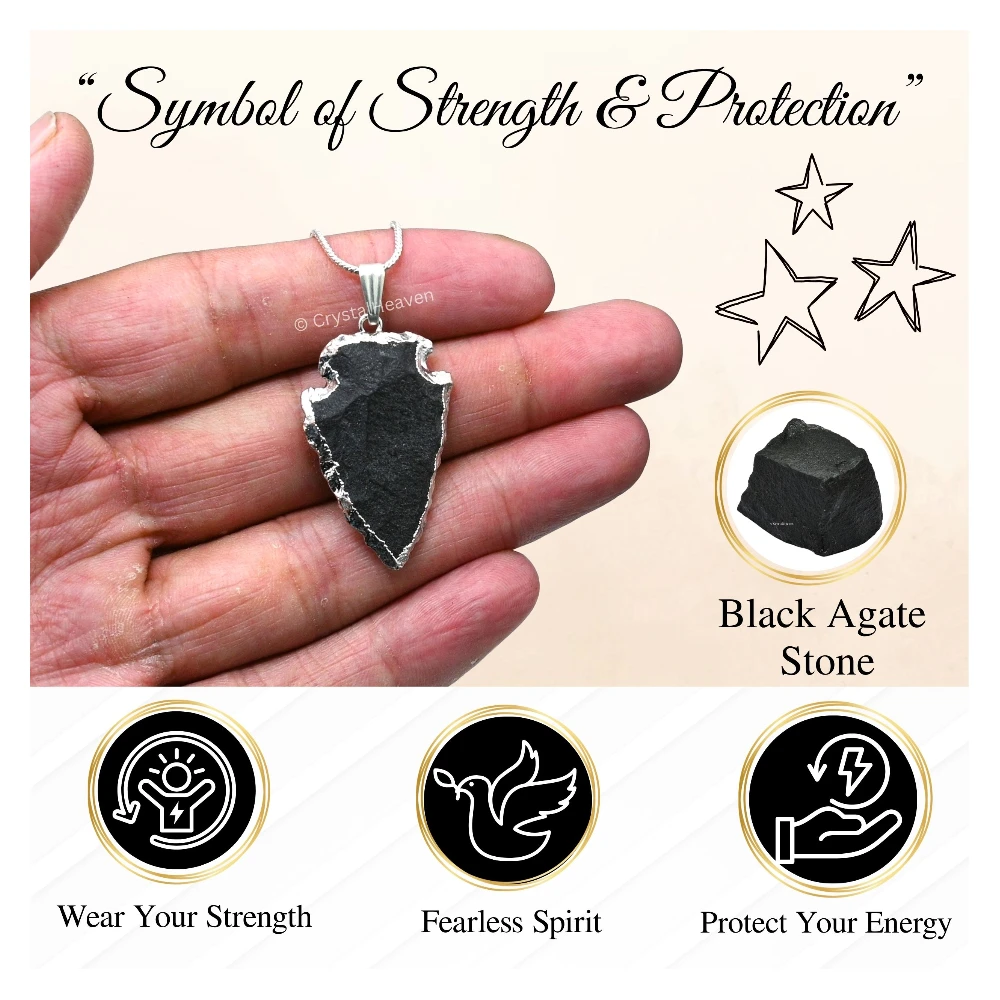 Black Agate Arrow Head Pendant - Silver Plated