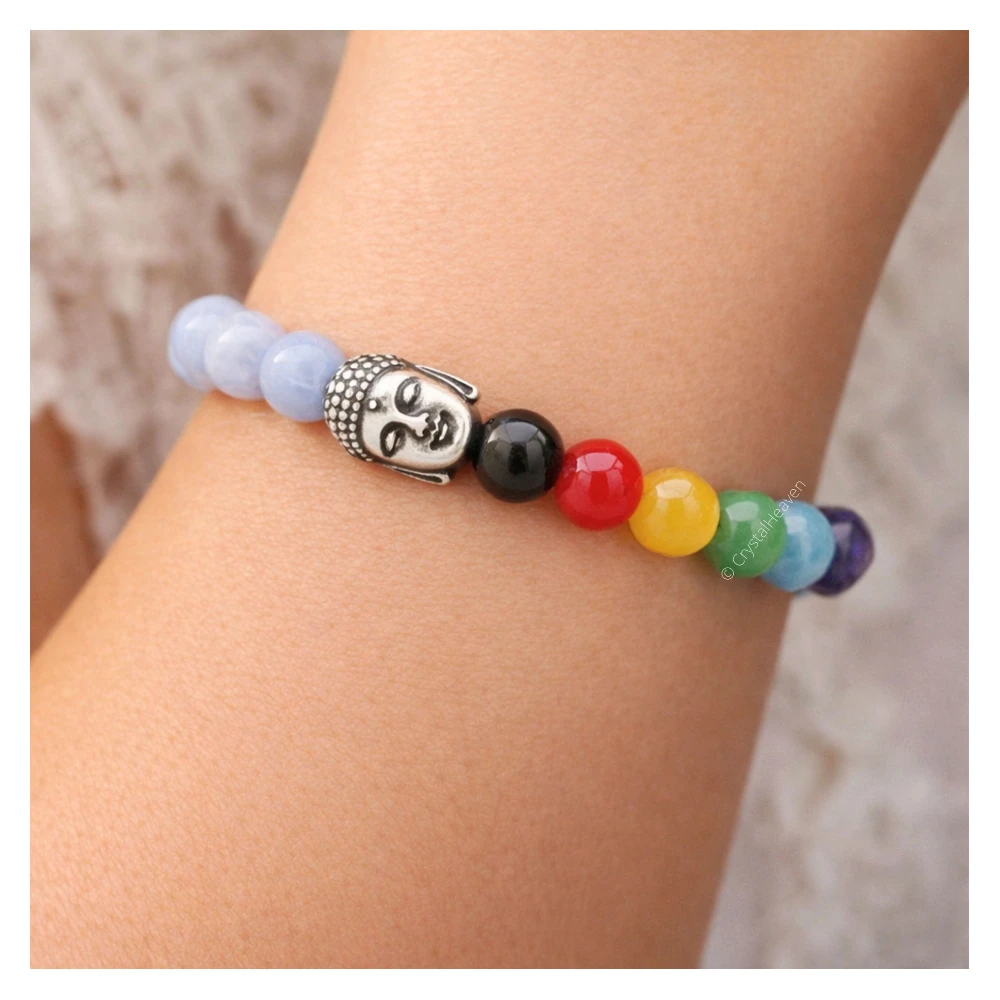 Blue Lace Agate Chakra with Buddha Bracelet (Elastic)