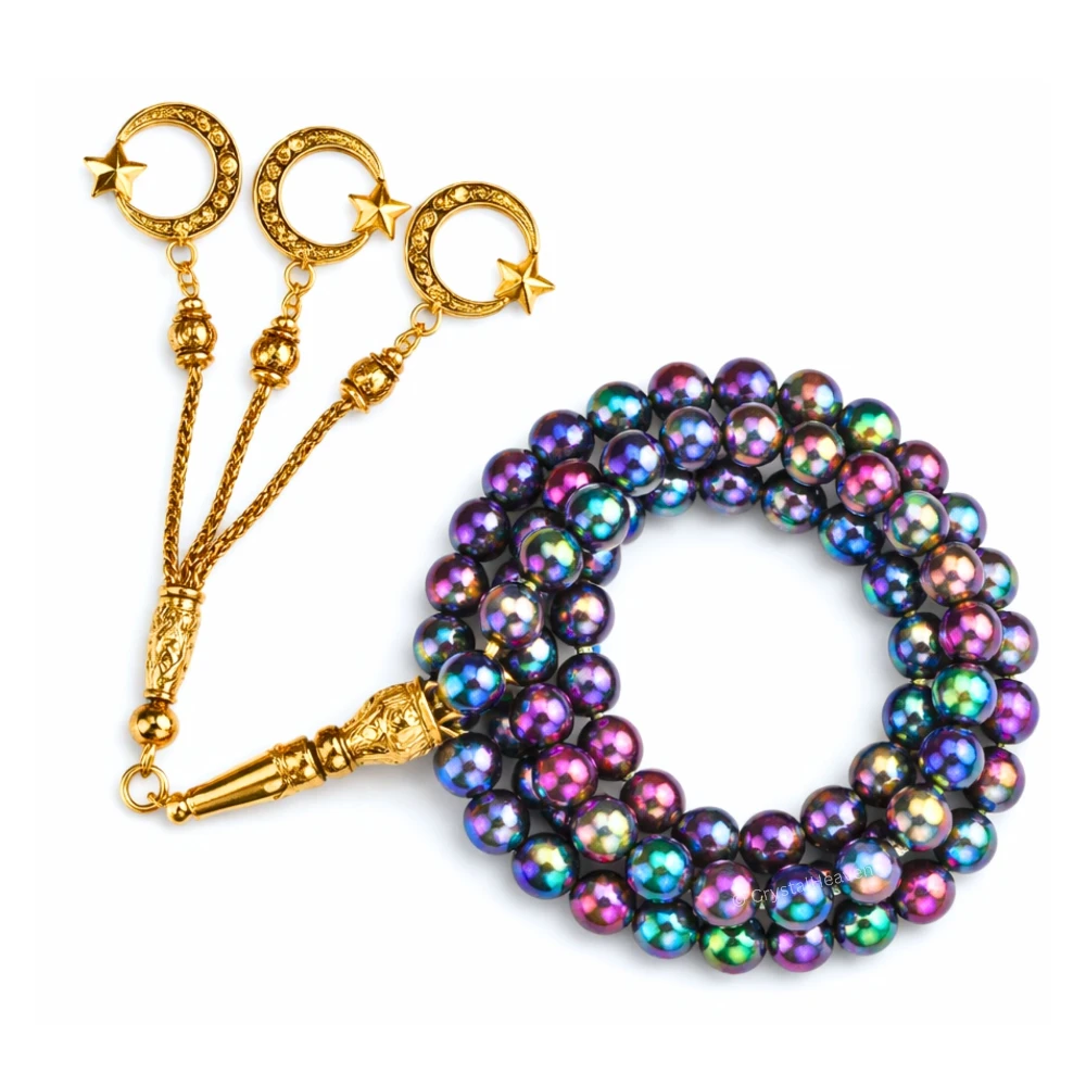 Rainbow Hematite Crystal Tasbih (Gold)