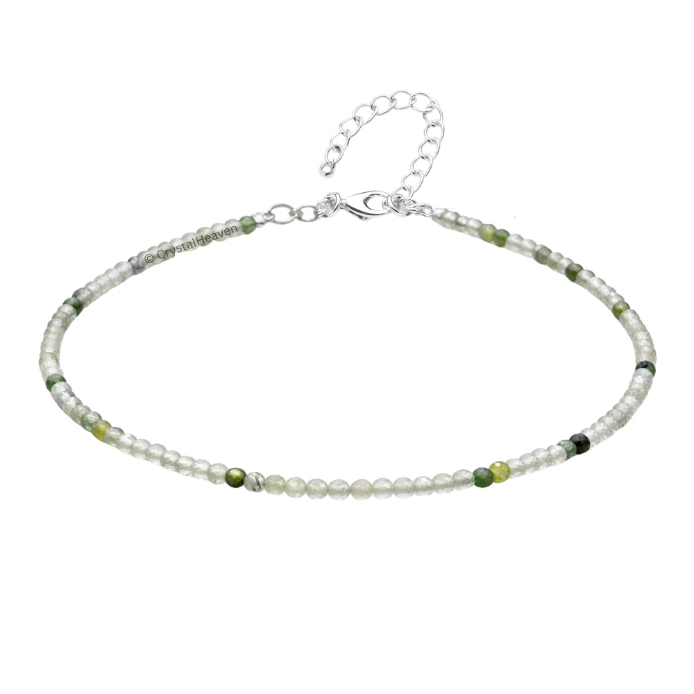 Green Rutilated Quartz Anklet - 2mm Faceted Beads (Silver)