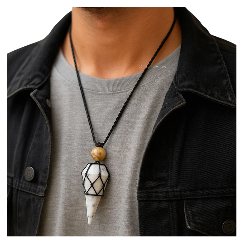 Dendrite Opal Pendulum Pendant Necklace (Macrame)