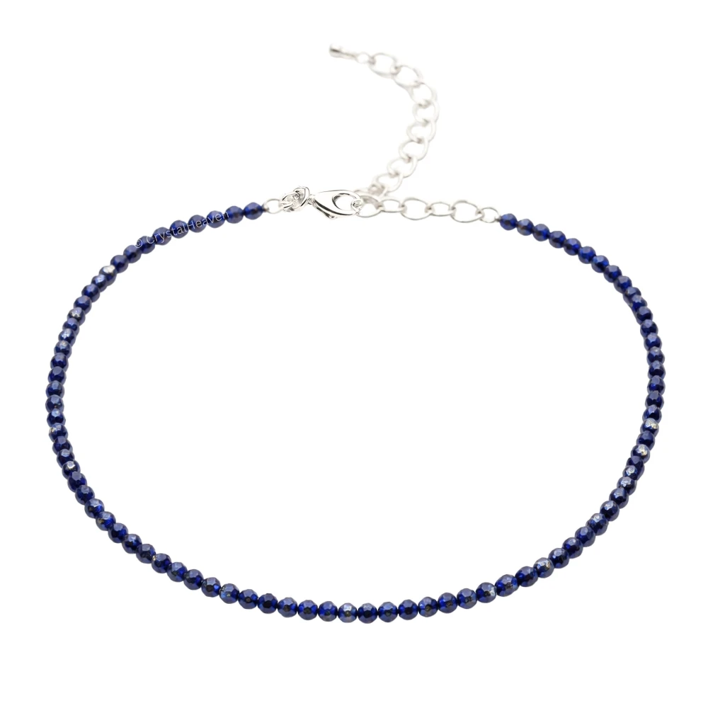 Blue Sunstone Dyed Anklet - 2mm Faceted Beads (Silver)