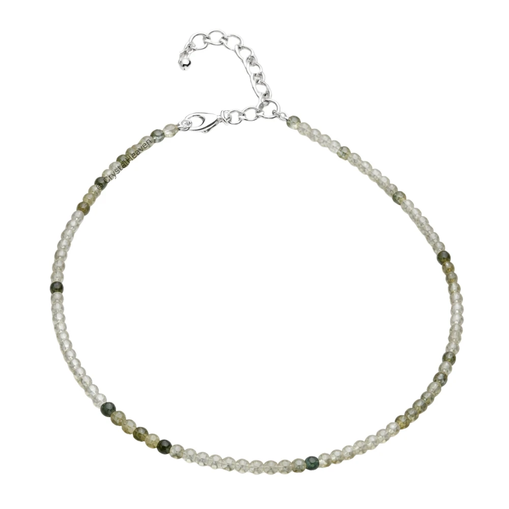 Green Rutilated Quartz Anklet - 2mm Faceted Beads (Silver)