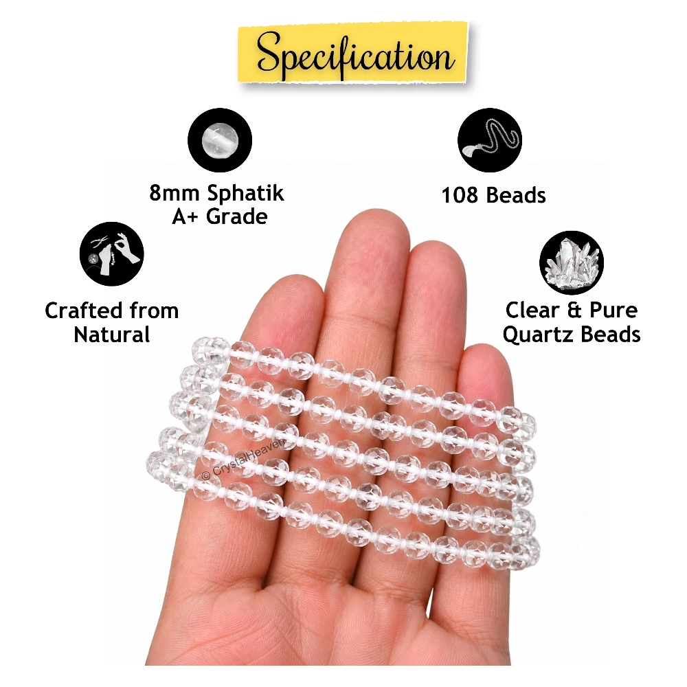 Sphatik Mala - Diamond Cut 108 Beads (6mm) (Hand Knotted)