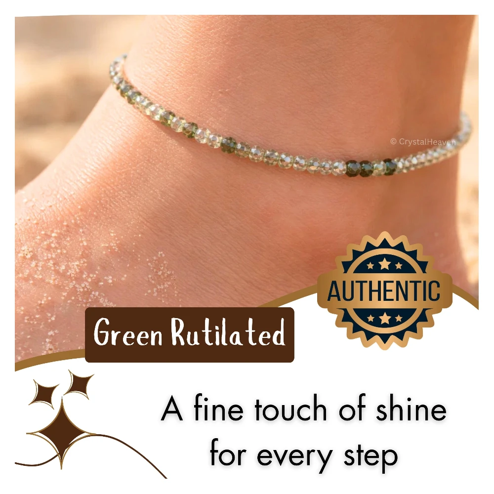 Green Rutilated Quartz Anklet - 2mm Faceted Beads (Silver)