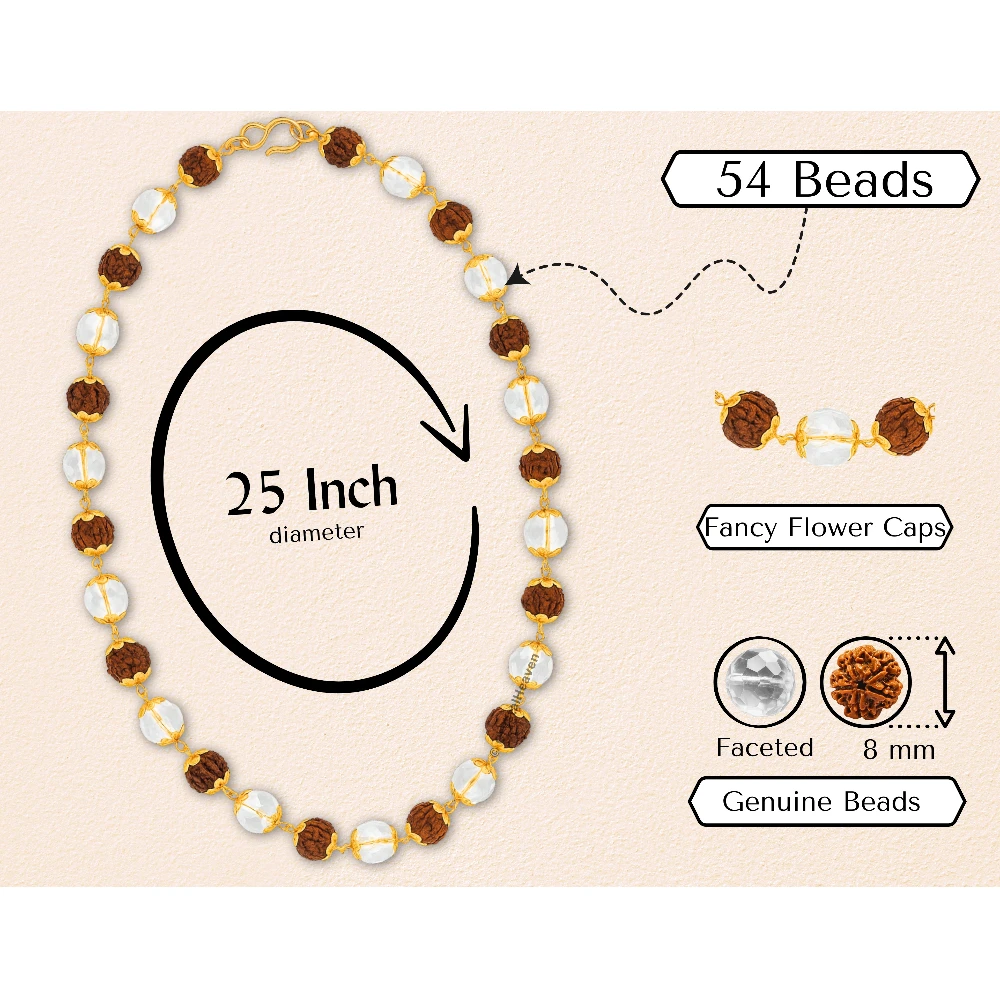 Rudraksha and Sphatik Mala Necklace (Gold Chain - Faceted)