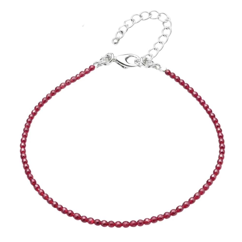 Red Garnet Anklet - 2mm Faceted Beads (Silver)
