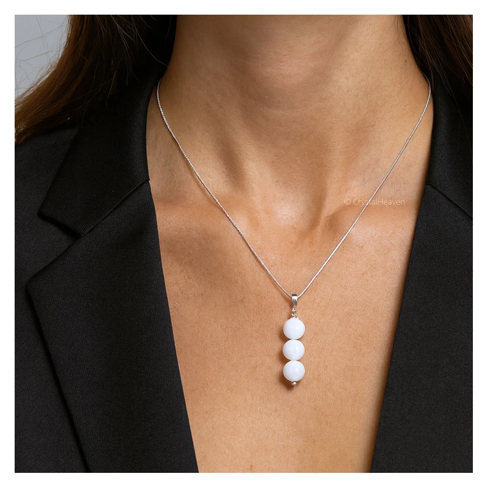 White Moonstone Crystal Bead Necklace (Silver)