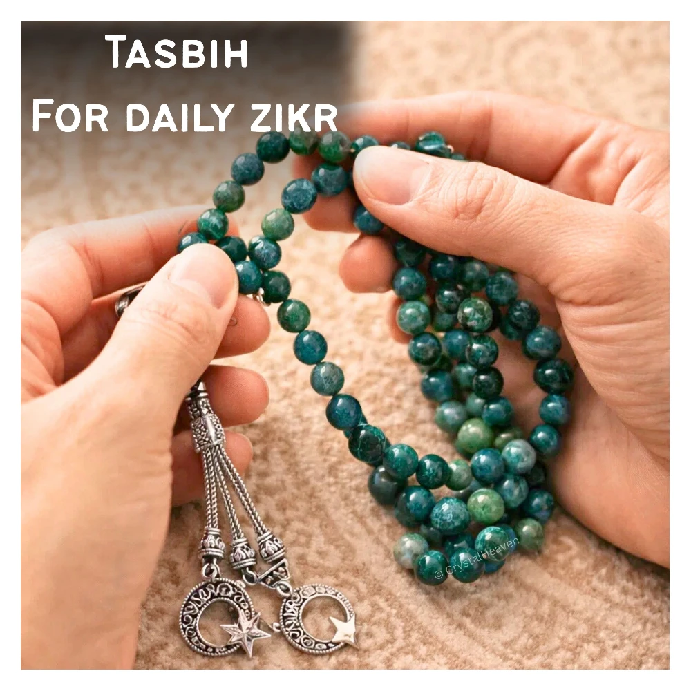 Moss Agate Crystal Tasbih (Silver)