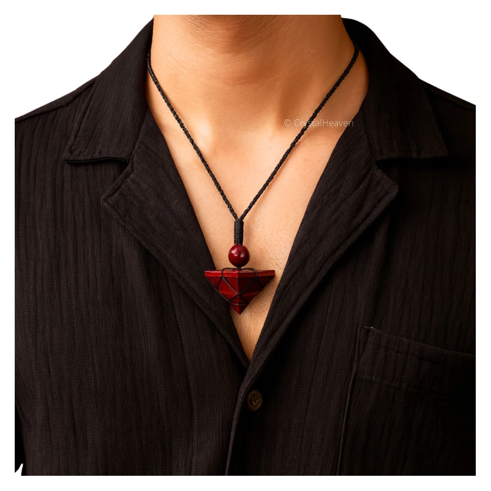 Red Tiger Eye Pyramid Macrame Pendant Necklace