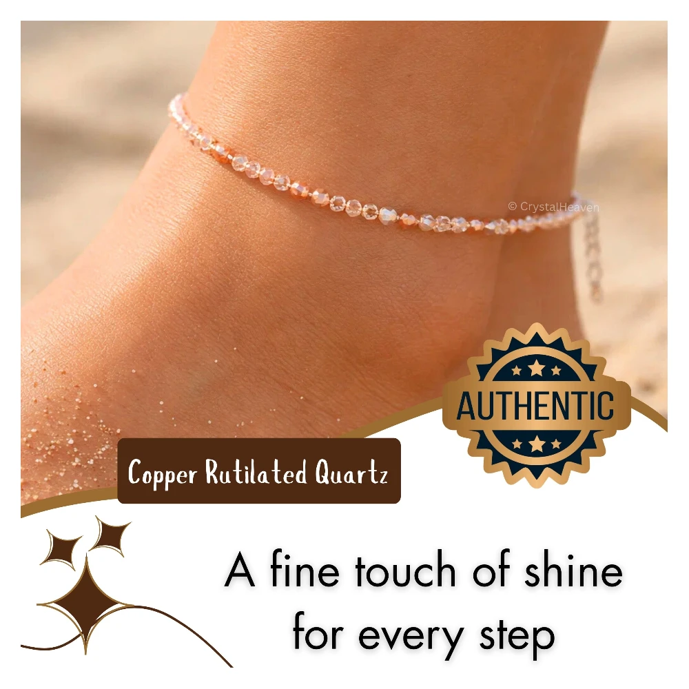 Copper Rutilated Quartz Anklet - 2mm Faceted Beads (Silver)
