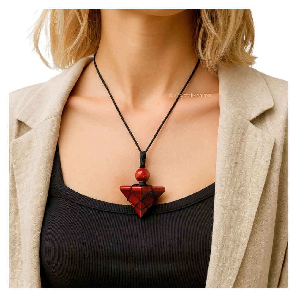 Red Tiger Eye Pyramid Macrame Pendant Necklace