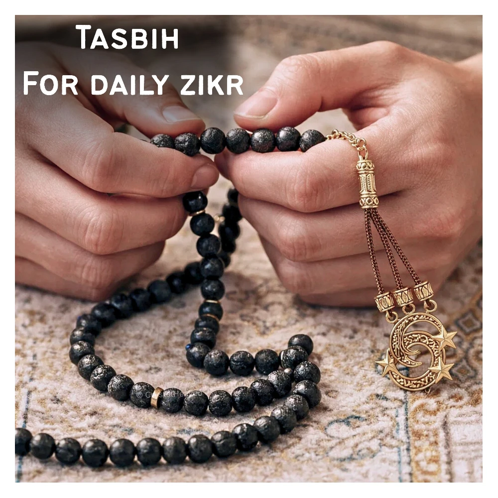 Lava Stone Crystal Tasbih (Gold)