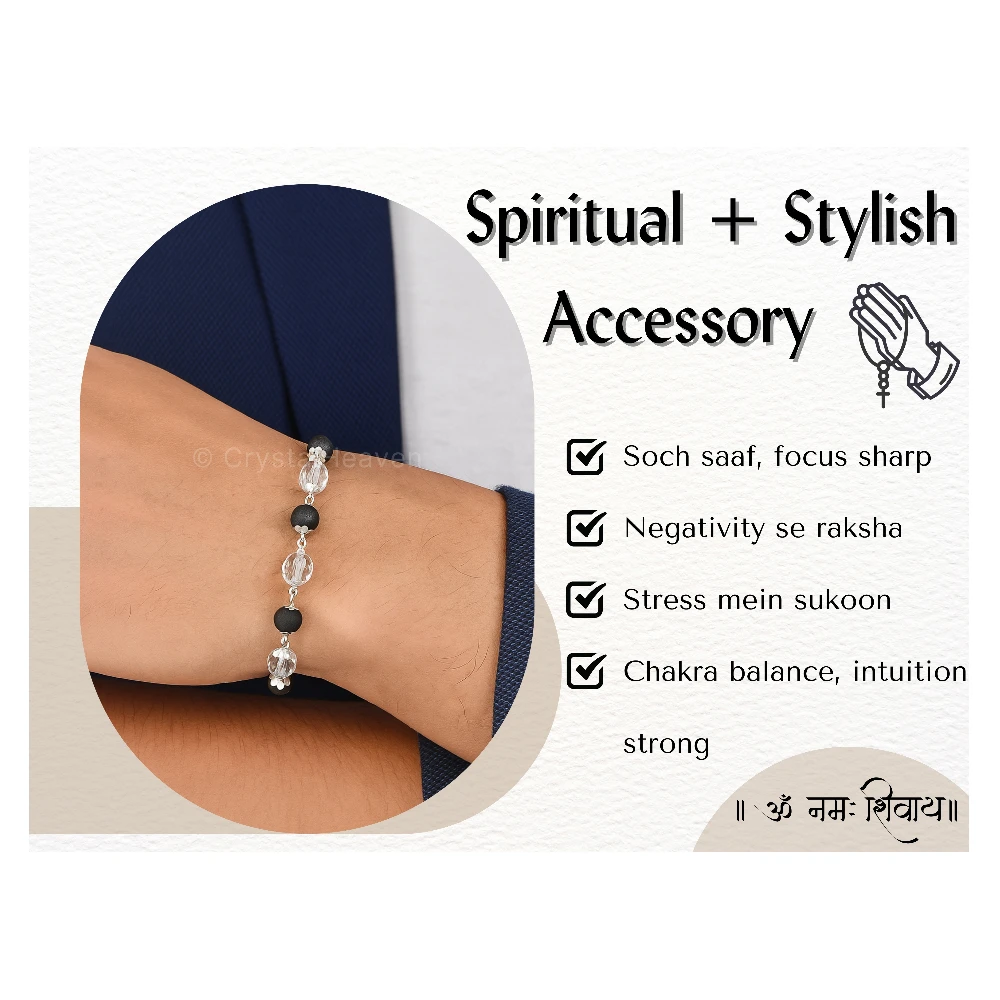 Faceted Sphatik Crystal and Karungali Bracelet (Silver Chain)
