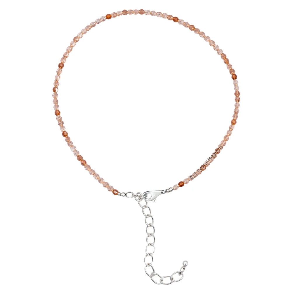 Orange Rutilated Quartz Anklet - 2mm Faceted Beads (Silver)