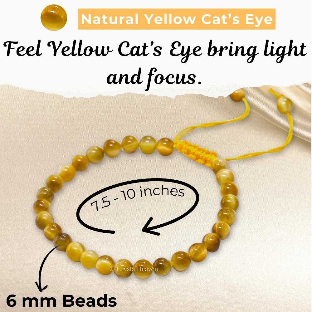 Yellow Cat's Eye Healing Crystal Bracelets - 6mm Beads (Adjustable)