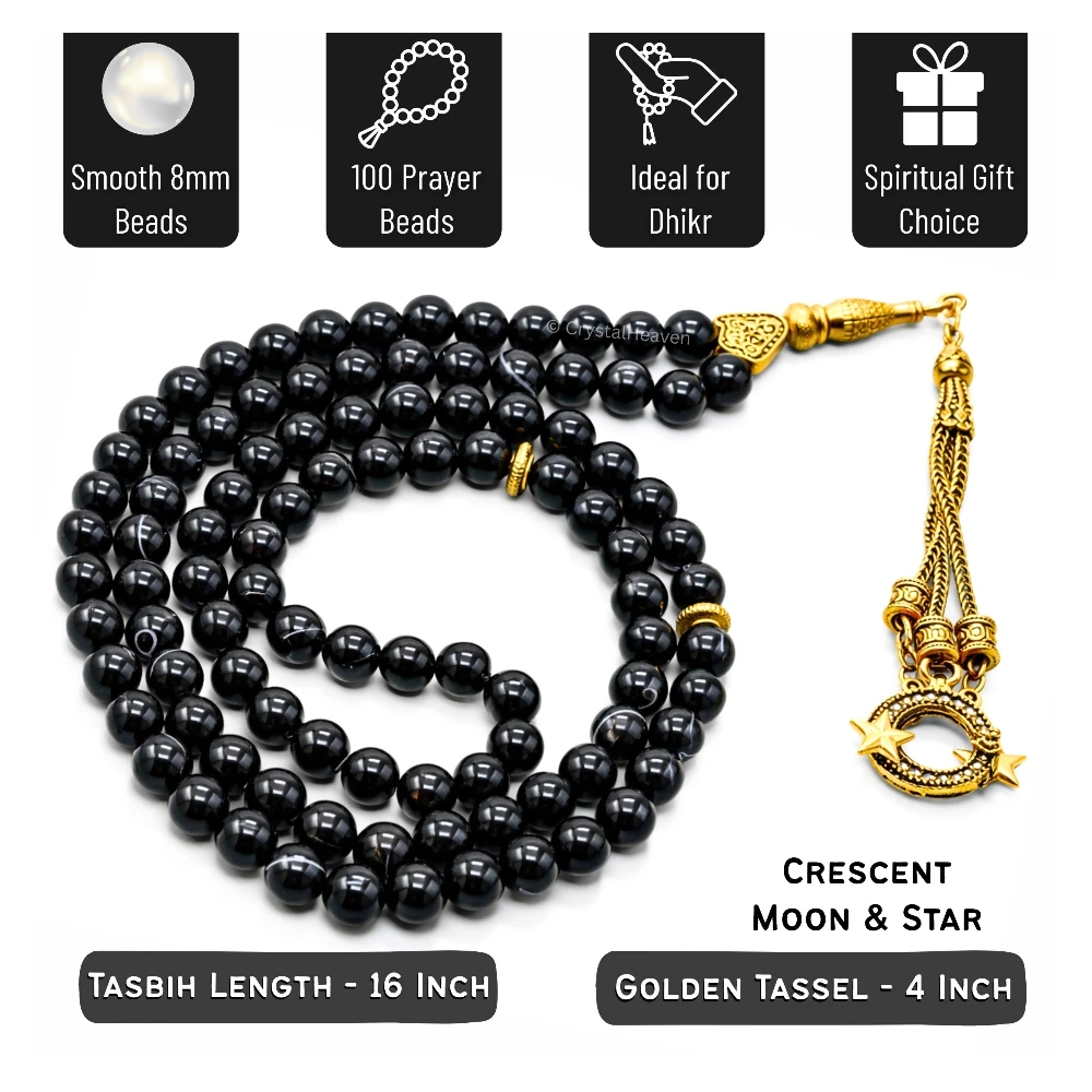 Black Banded Agate Crystal Tasbih (Gold)