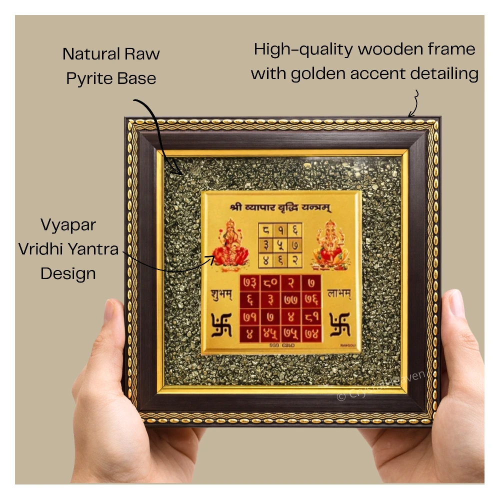 Golden Vyapar Vridhi Yantra on Natural Pyrite Frame – Vastu Decor