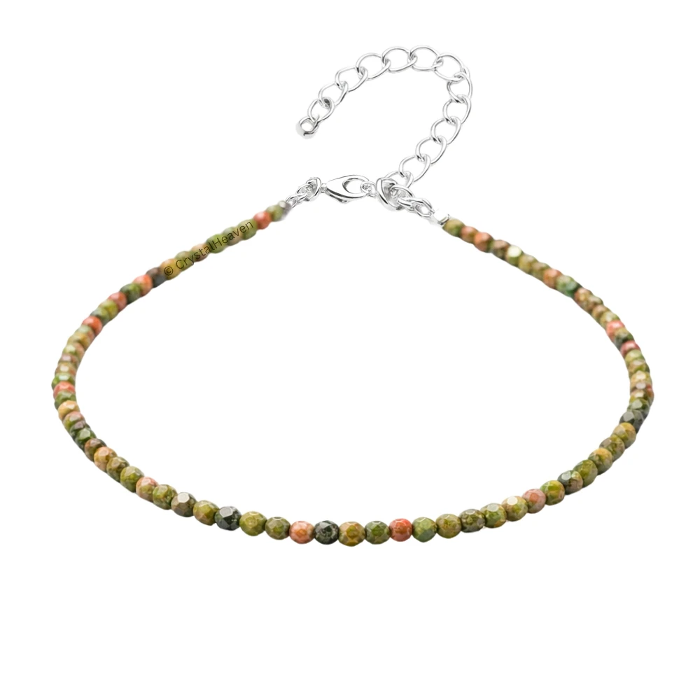 Unakite Anklet - 2mm Faceted Beads (Silver)