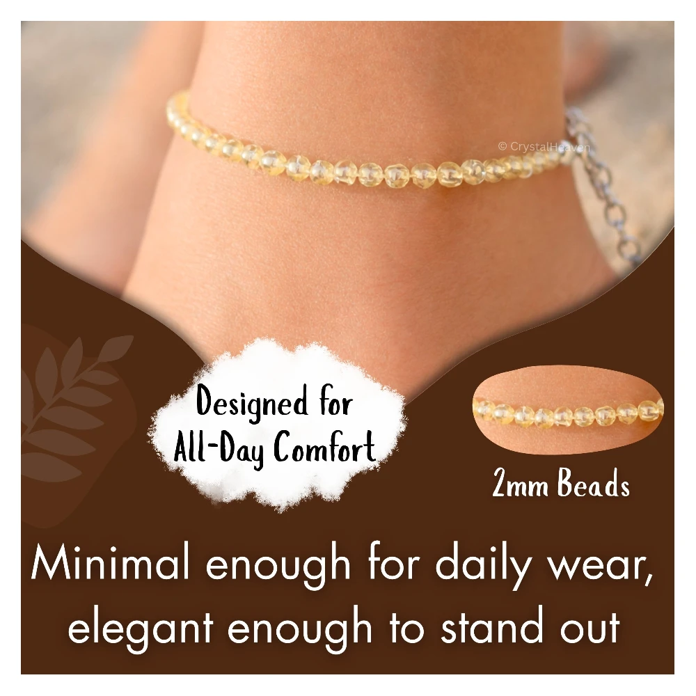 Lemon Quartz Anklet - 2mm Faceted Beads (Silver)
