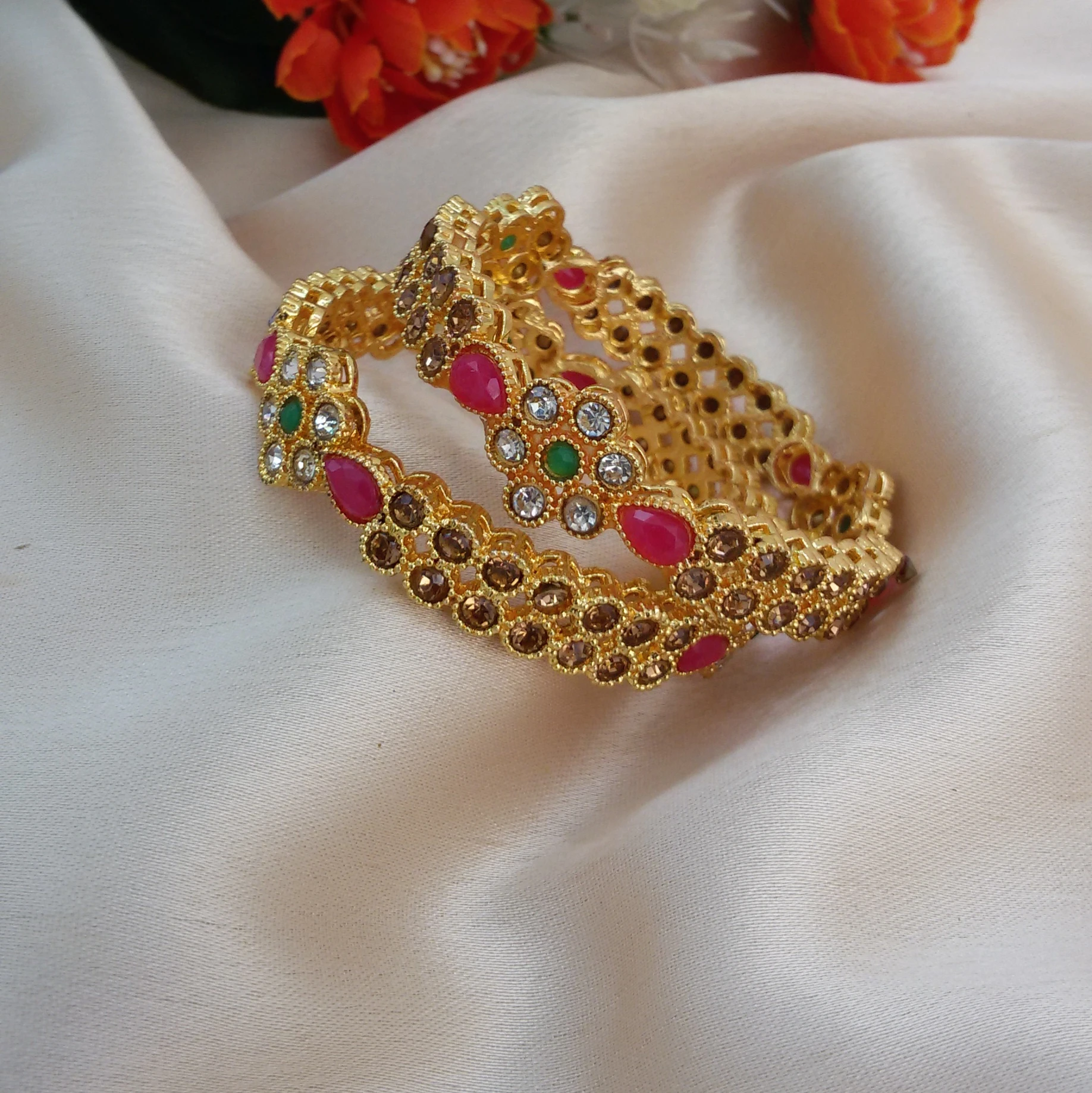 Gold plated fancy stone studded bangles