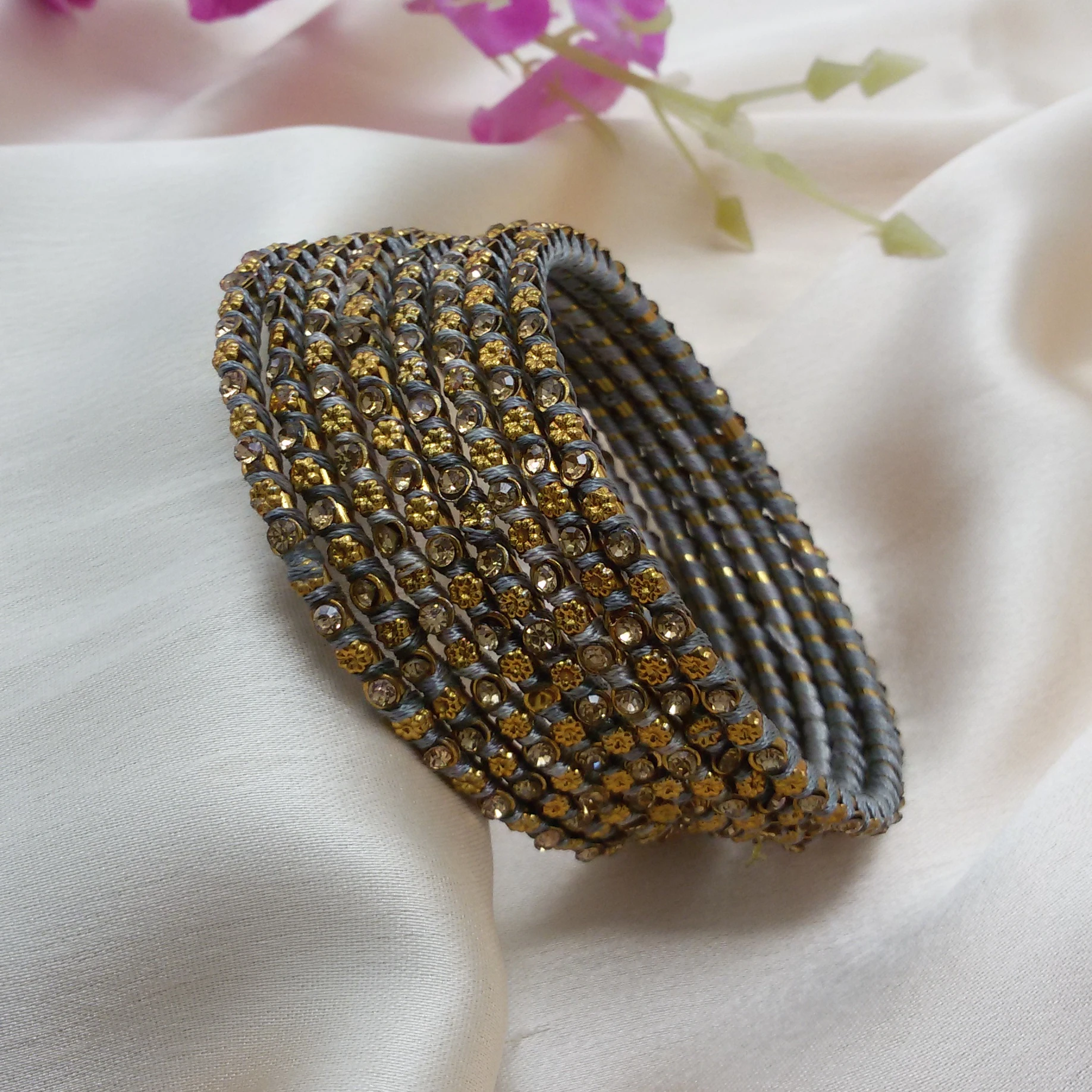 Grey handmade silk thread stone bangles