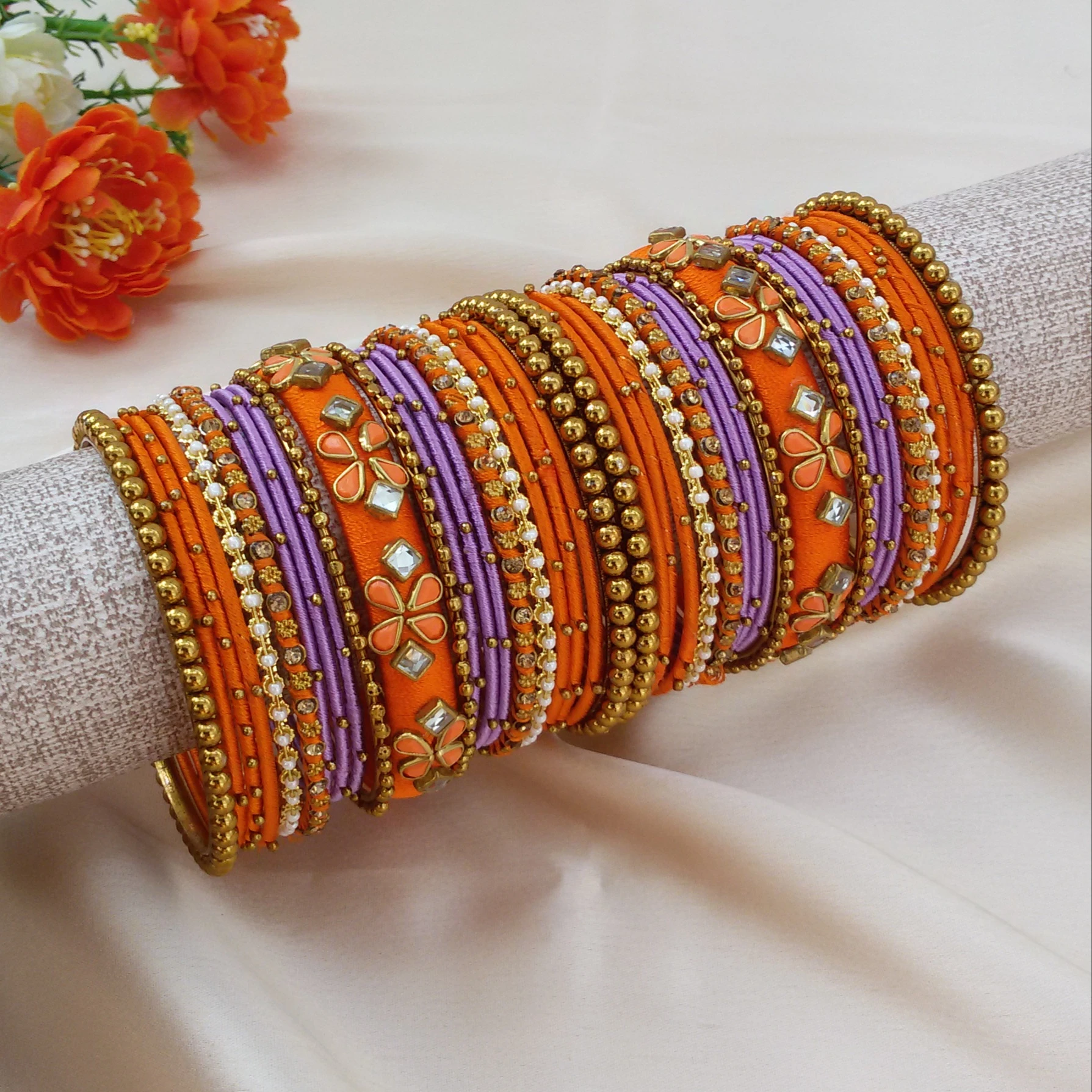 Orange Lavender silk thread bangle set