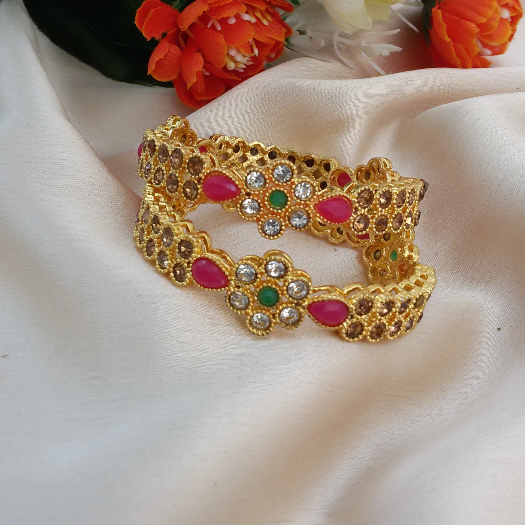 Gold plated fancy stone studded bangles (2.0)
