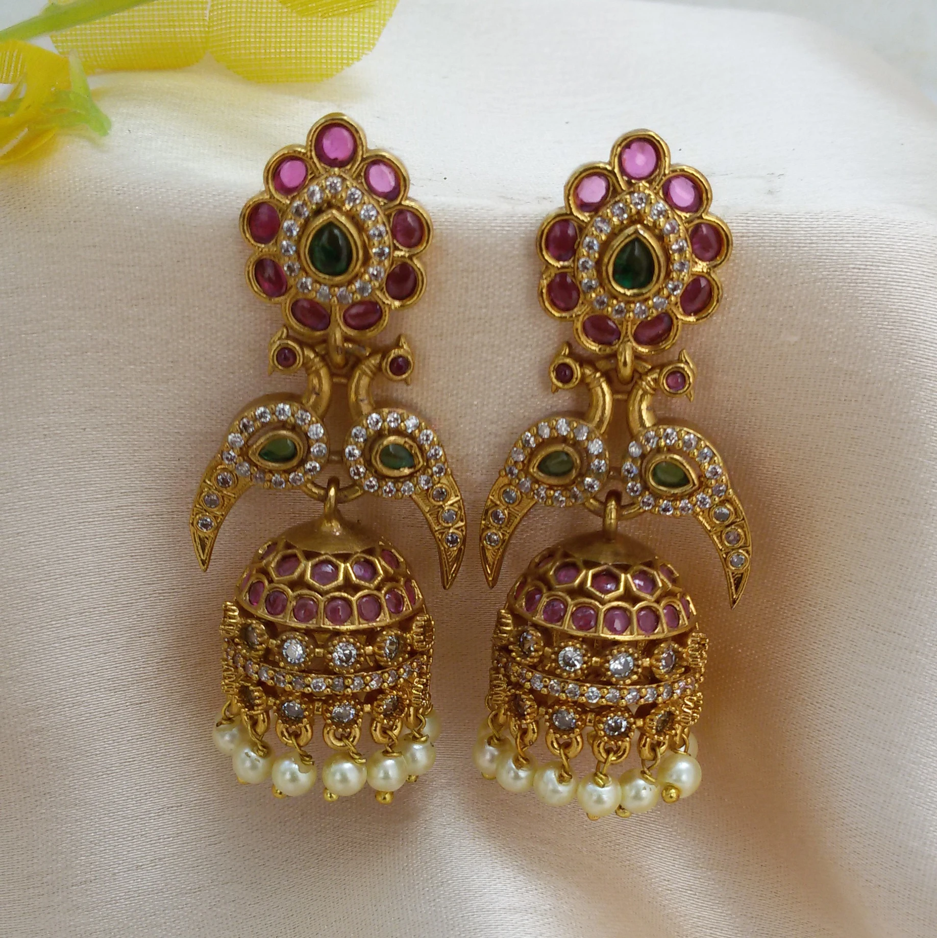 Gold plated Ruby Emerald peacock Jhumkis