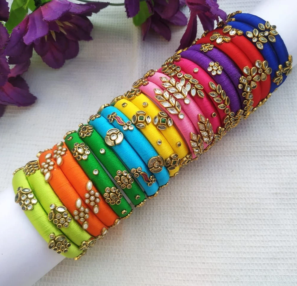Hand crafted silkthread bangles with kundans