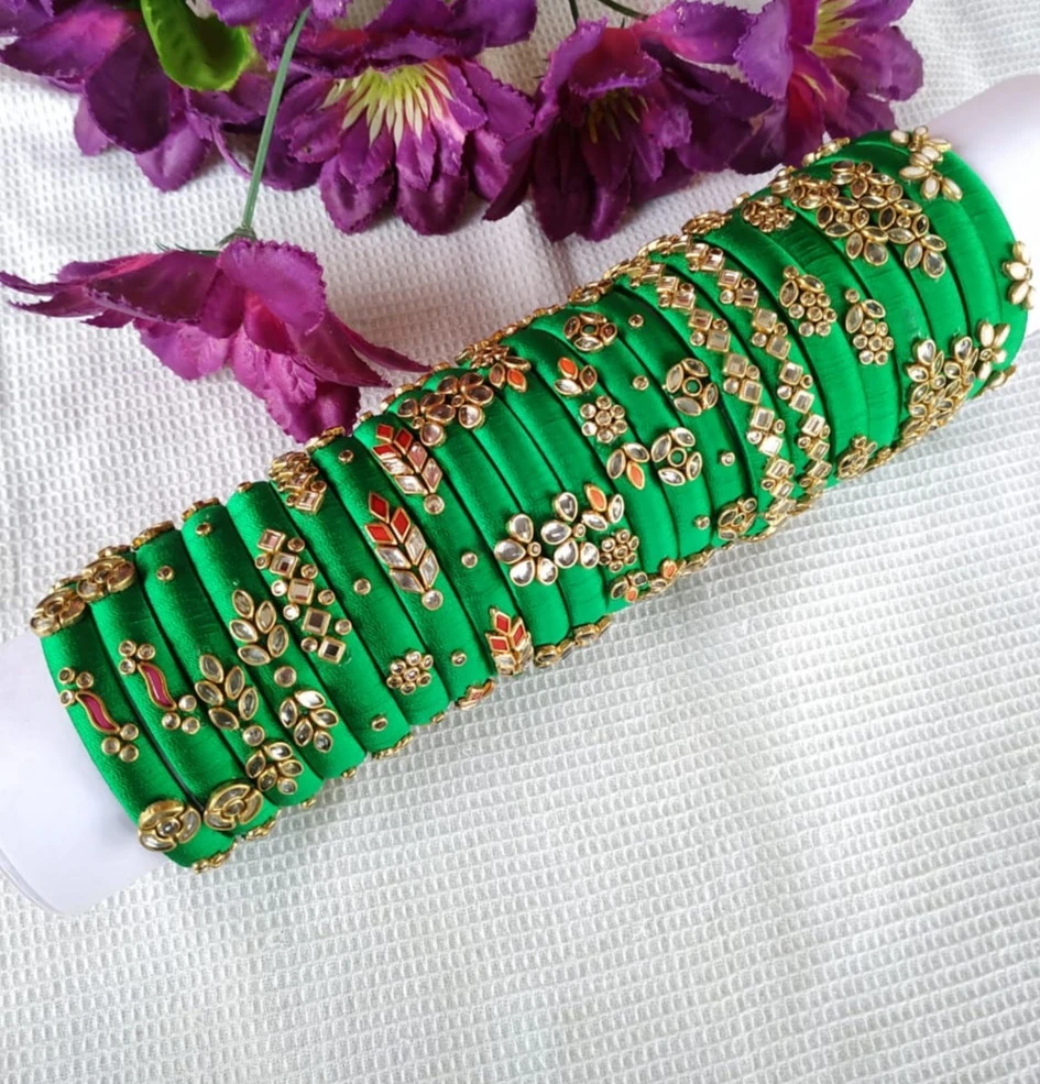 Hand crafted silkthread bangles with kundans