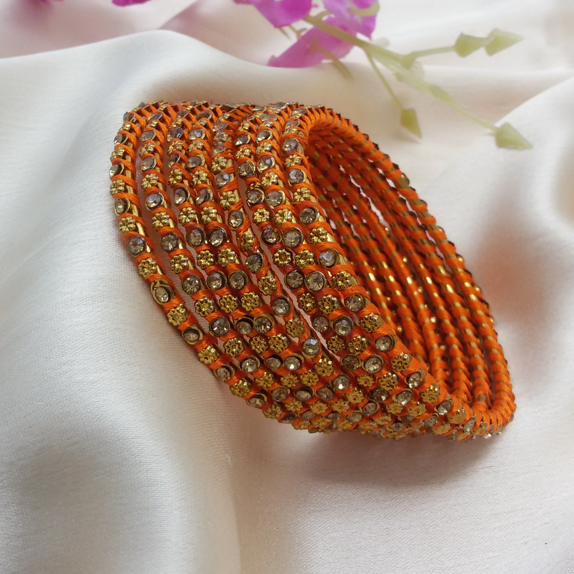 Set of 8 Orange silkthread bangles