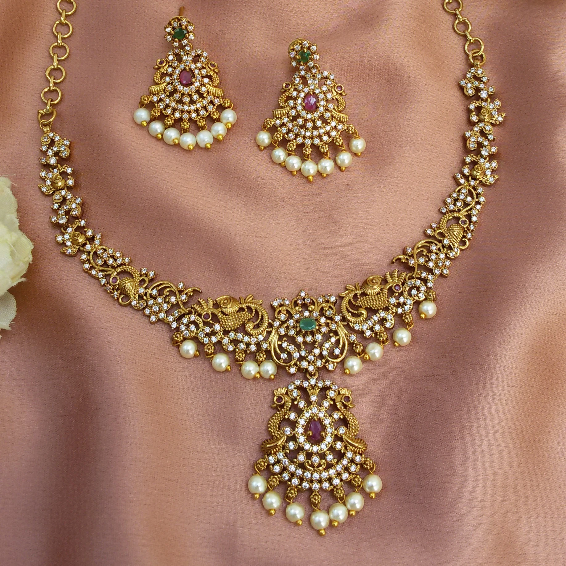 Gold plated White stone pearl necklace set