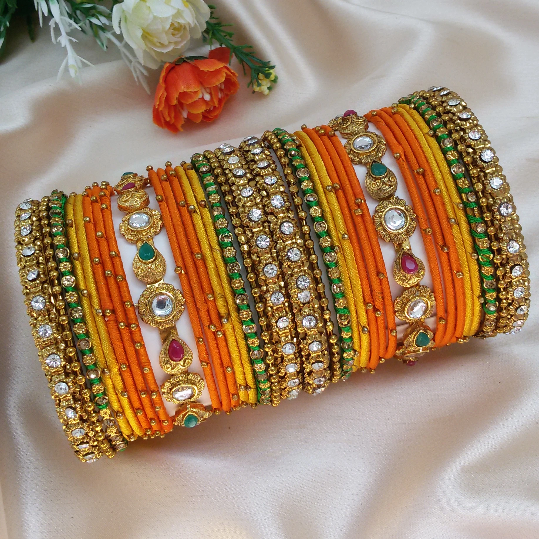 Rainbow silk thread bangle set