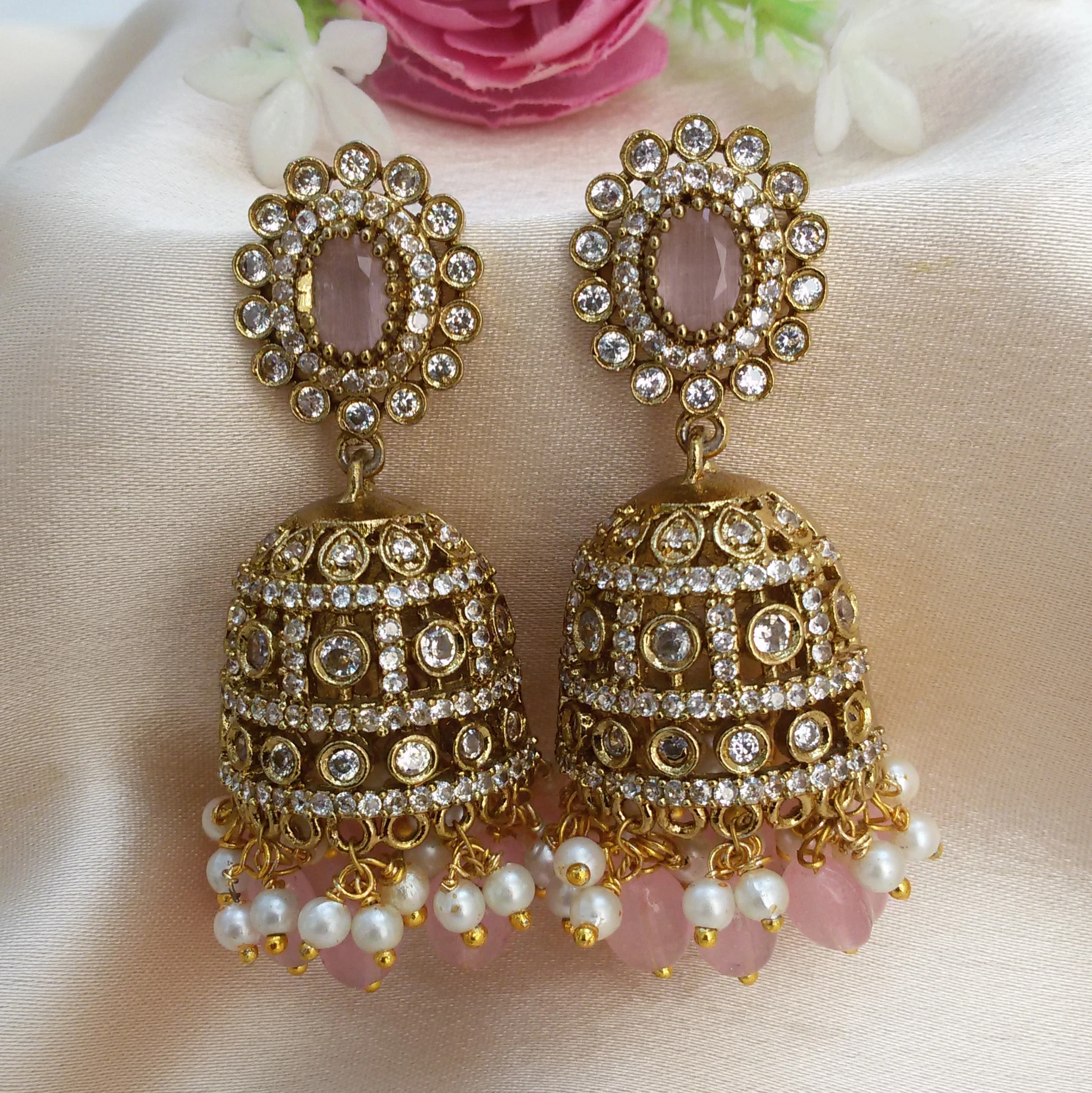 Pastel pink Victorian stone Jhumkis