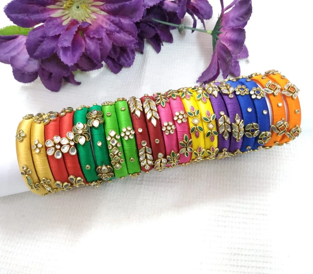 Hand crafted silkthread bangles with kundans