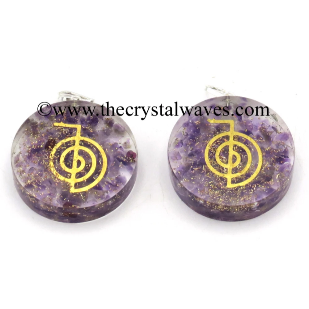 Amethyst Chips With Cho Ku Rei Symbols Round Orgone Disc Pendant