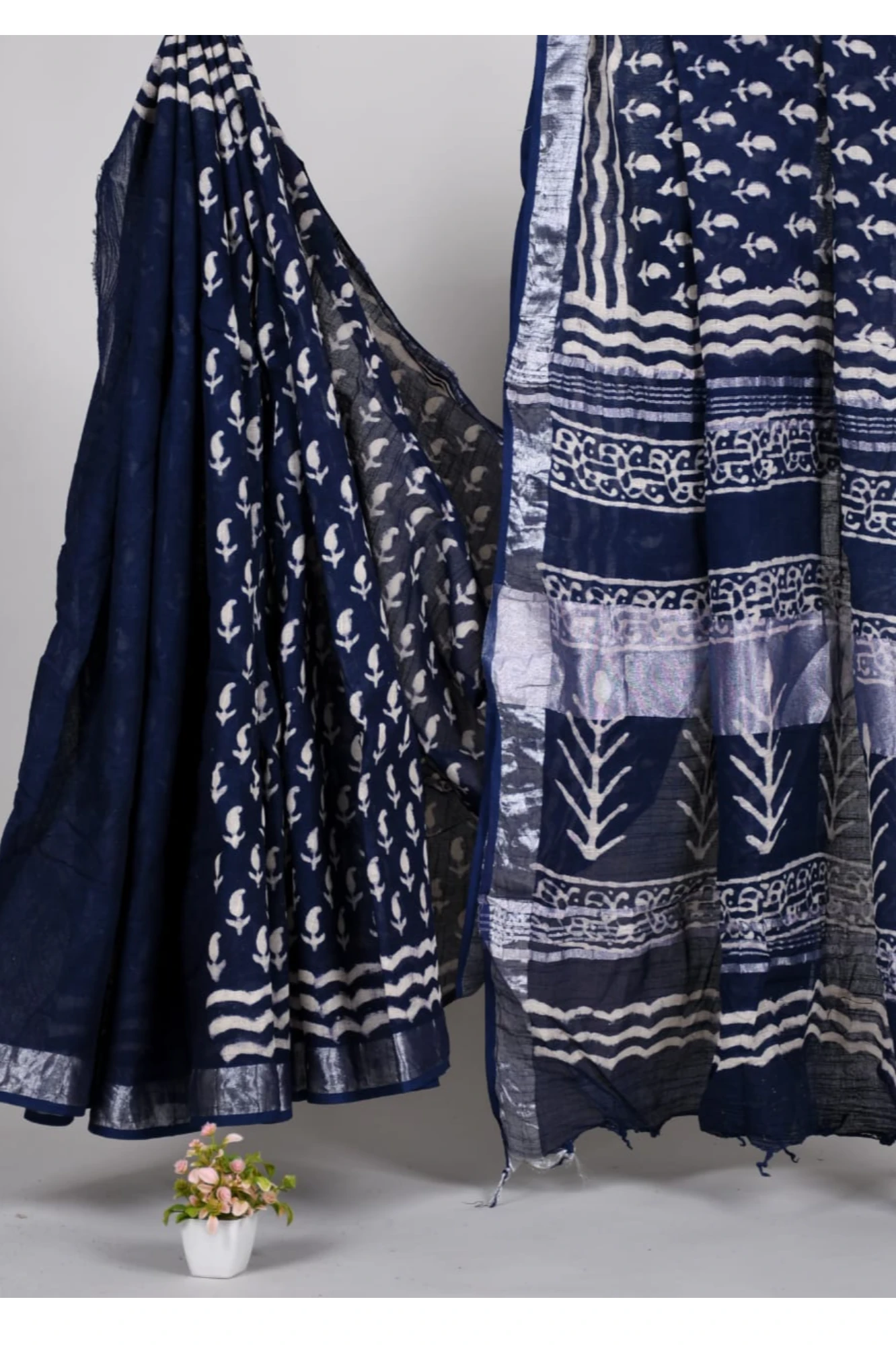 Navy Blue Hand Block Print Linen Ready to wear Saree
