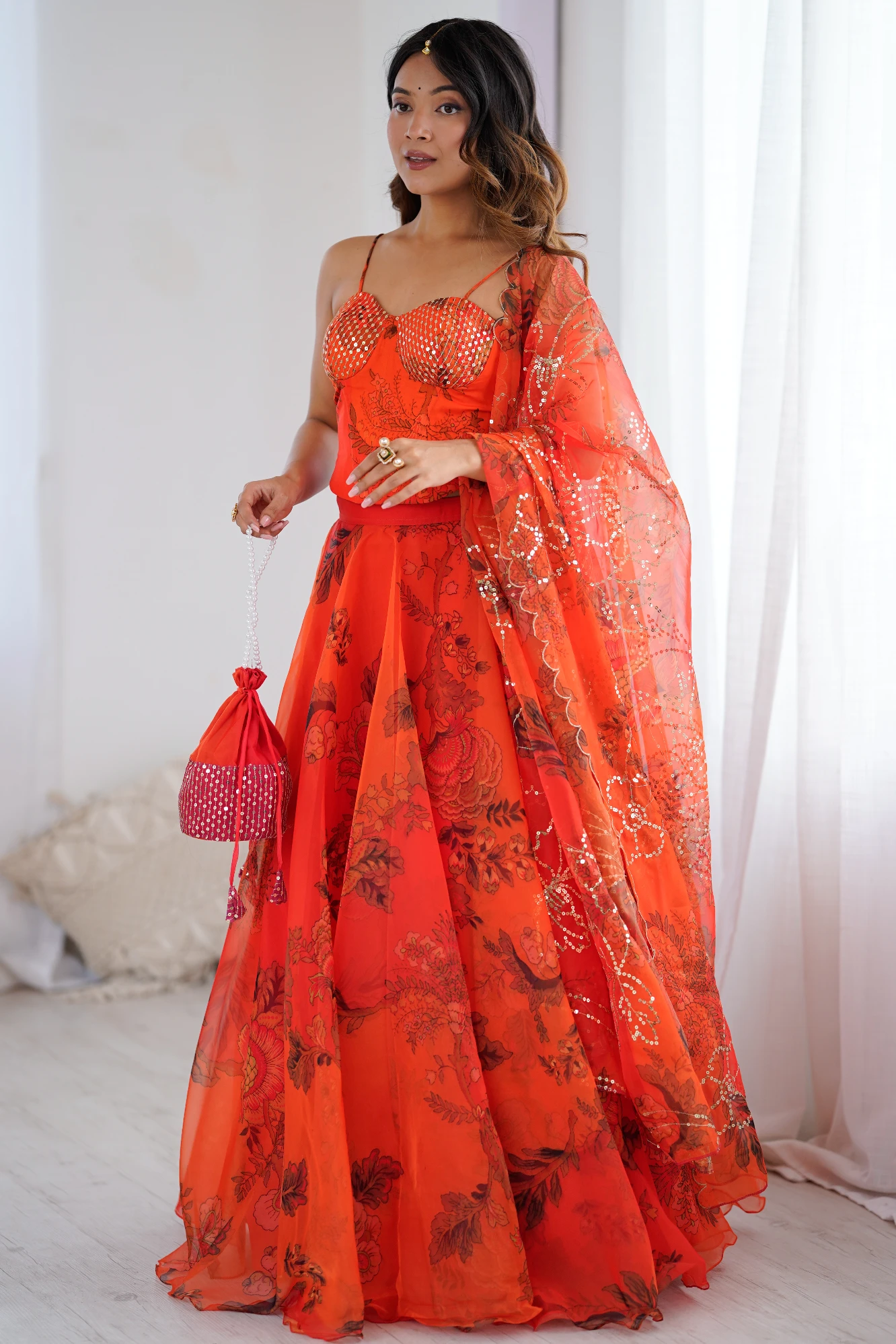 Orange Digital Print Organza Lehanga with corset Blouse (Free Size)