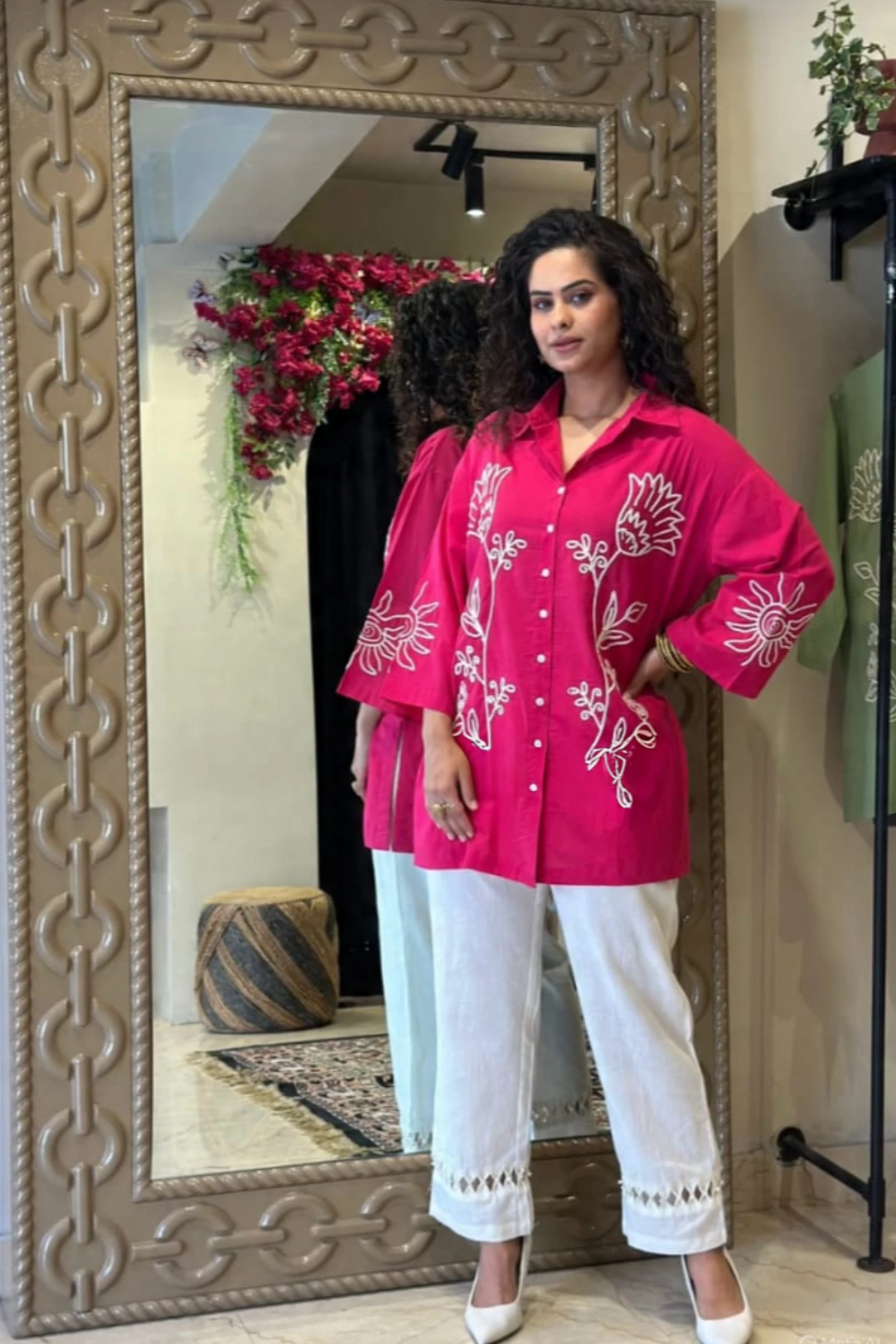 Floral Embroidered Pink Cotton Shirt Kurta