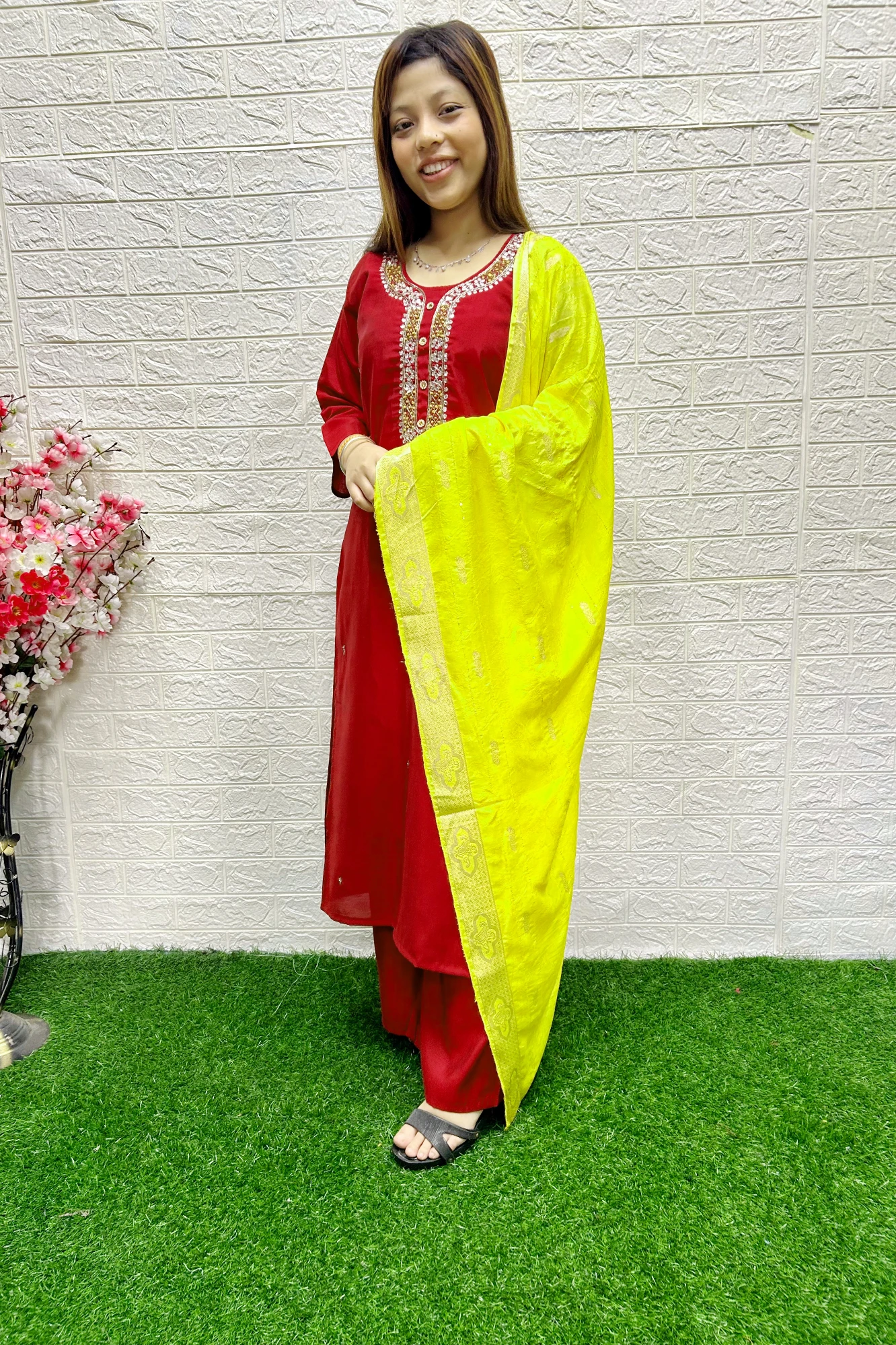 Maroon Embroidered Kurta Set with Yellow Dupatta (XXL)