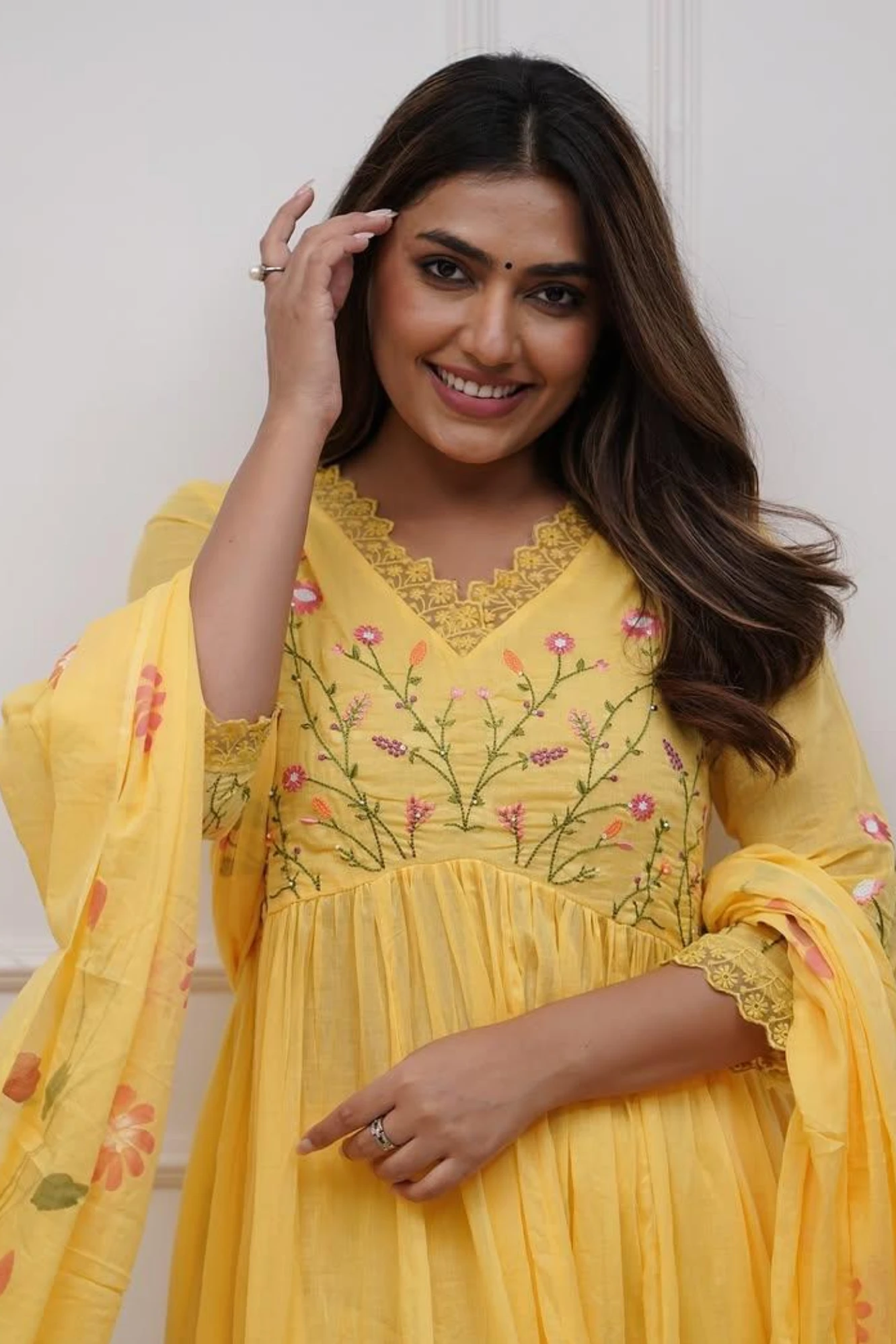 Yellow Floral Embroidered Kurta Set with Dupatta