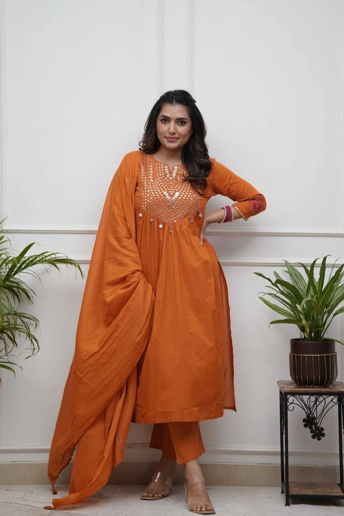 Mirror Work Rust Orange Anarkali Kurta Set with Dupatta (46)