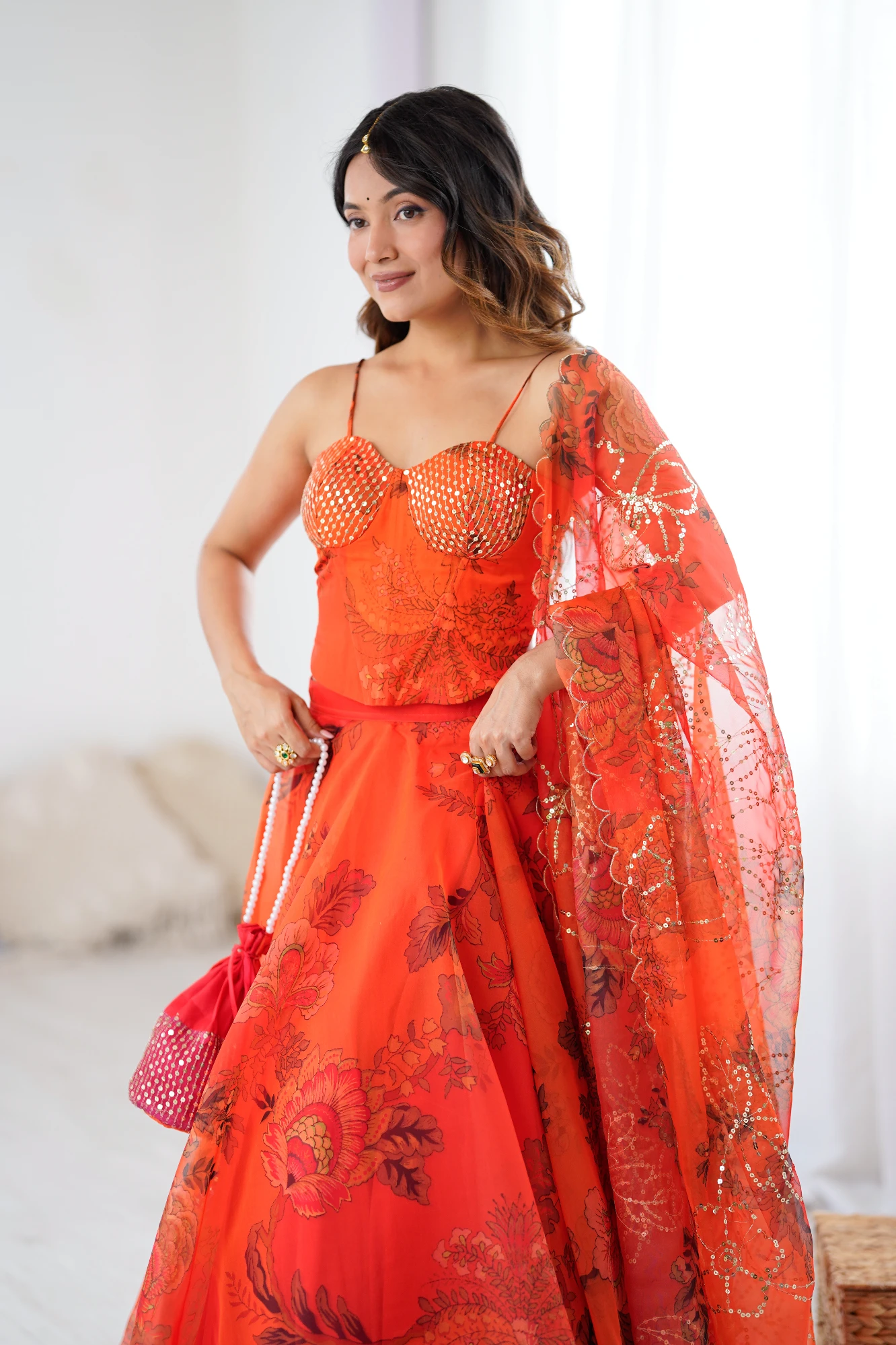 Orange Digital Print Organza Lehanga with corset Blouse (Free Size)