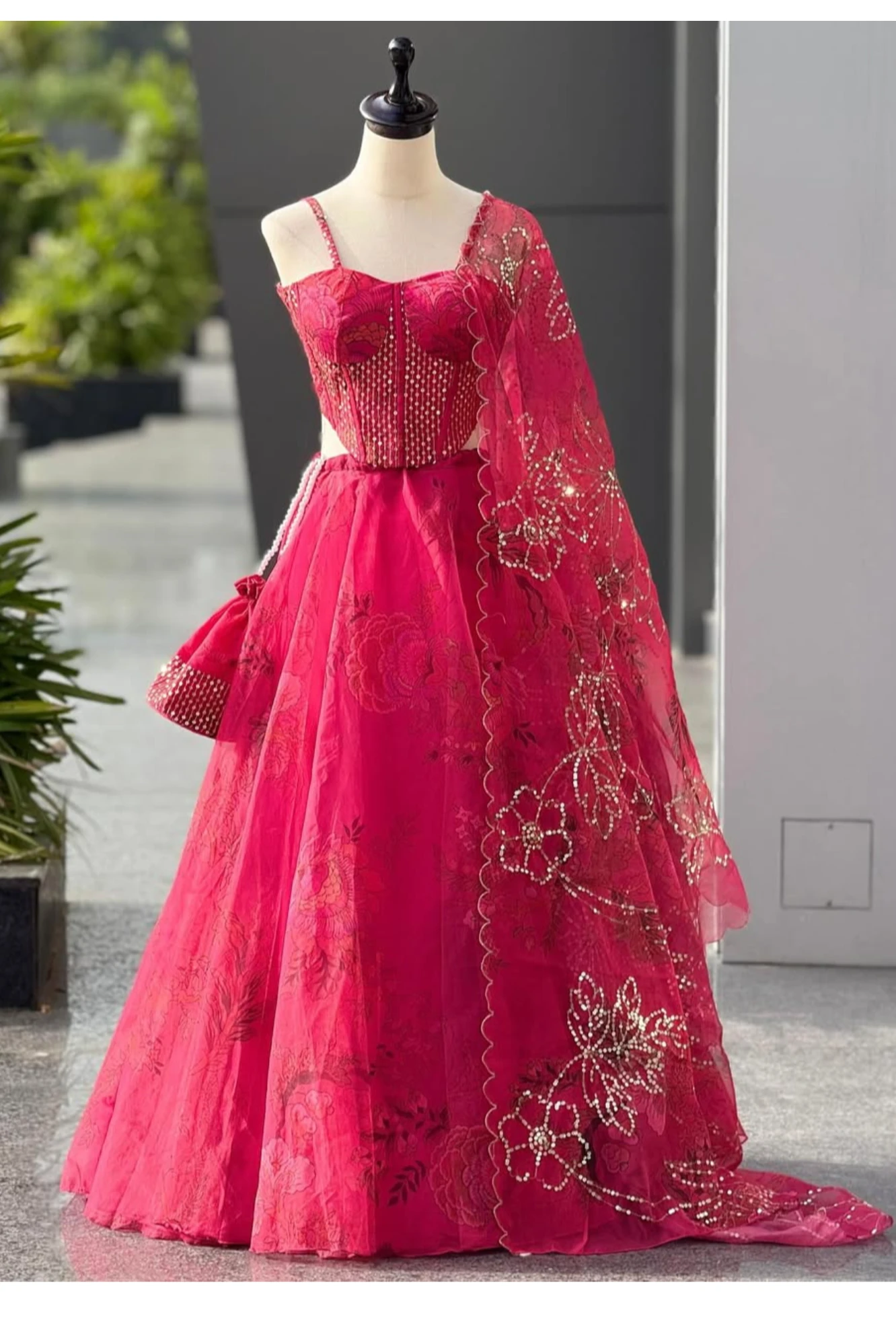 Rani Pink Embroidered Organza Lehenga with Beaded Corset Blouse