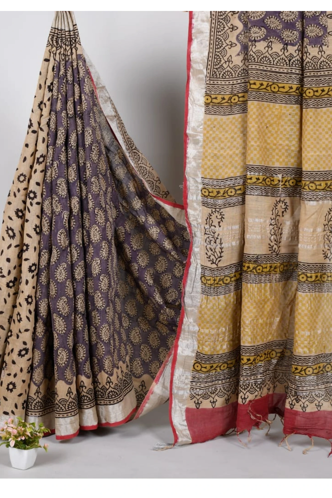 Elegant Dual Tone Linen Hand Block Print Ready to wear Saree