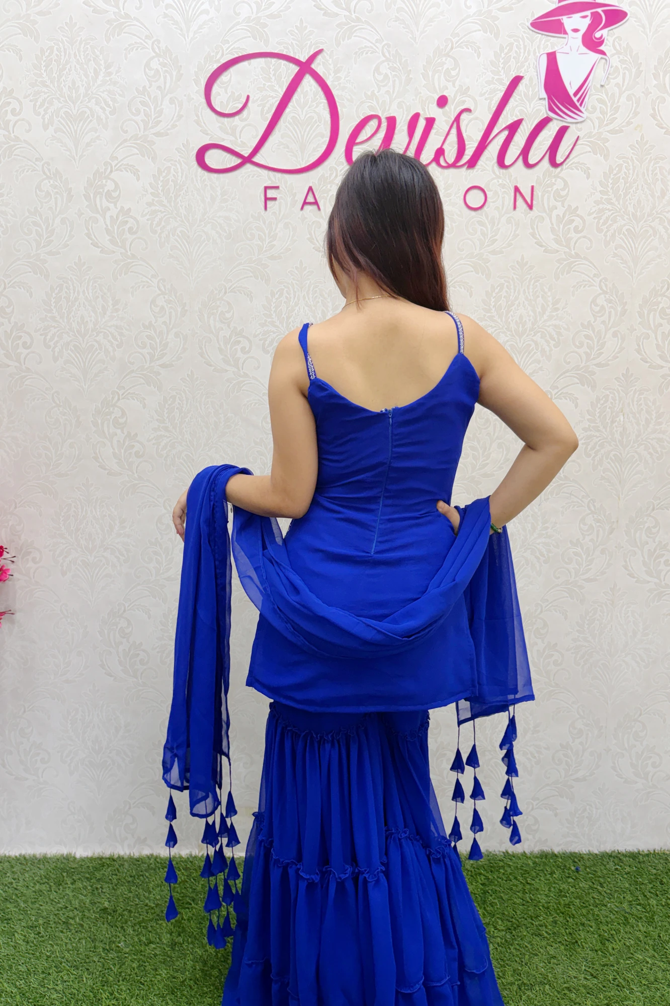 Royal Blue Floral Embroidered Sharara Set (XXL)