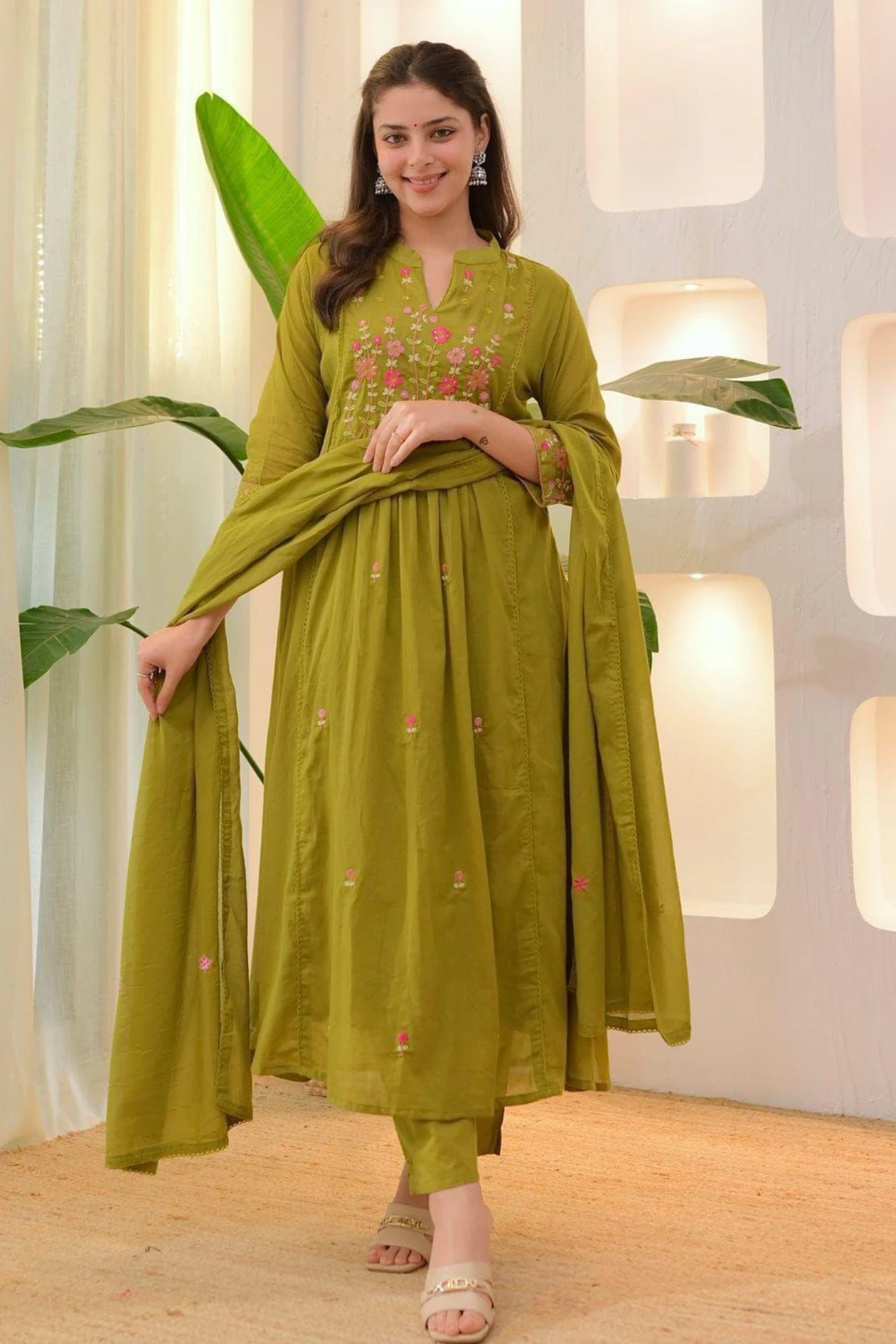 Olive Green Floral Embroidered Kurta Set with Dupatta