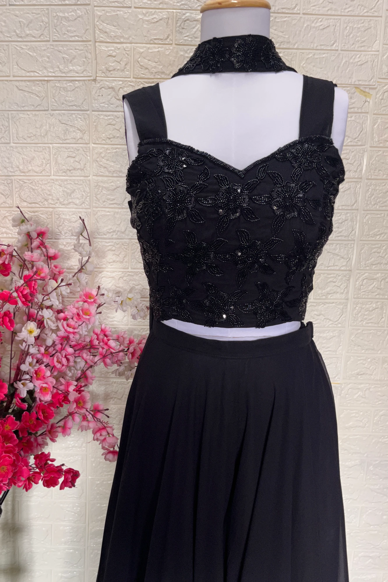 Black Handwork Blouse with Flaired Plazzo and Dupatta (S)